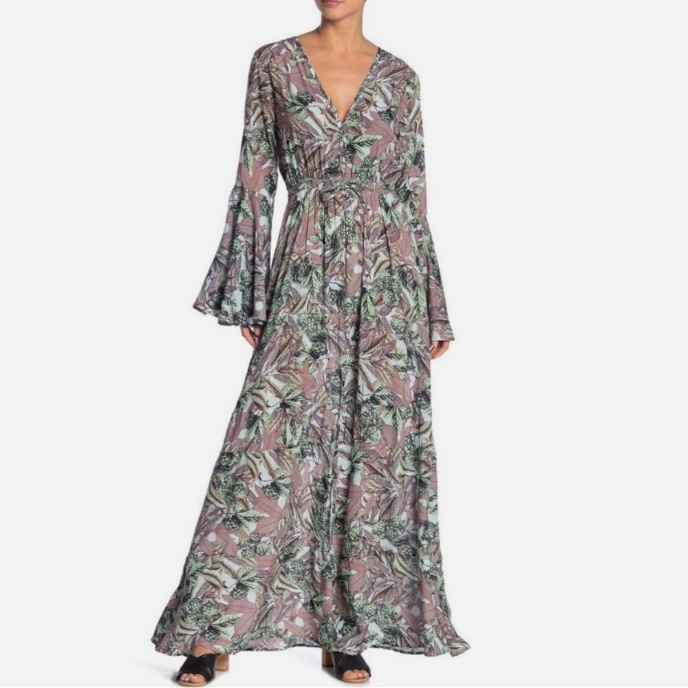 Maaji Leaf Print Bell Sleeve Swim Cover Up Maxi Dress